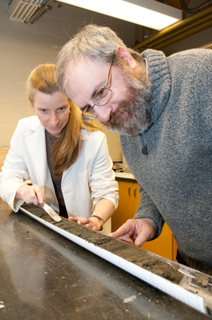 Checking core samples in the lab. Photo credit: Dan Anthon, Royal Roads University